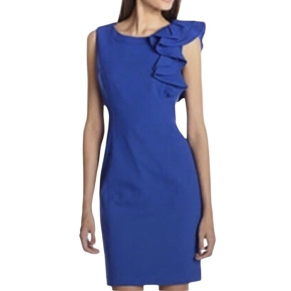 Calvin Klein Shoulder Ruffle Dress Royal Blue Form Fitting Knee Length Midi 12 - Picture 1 of 11